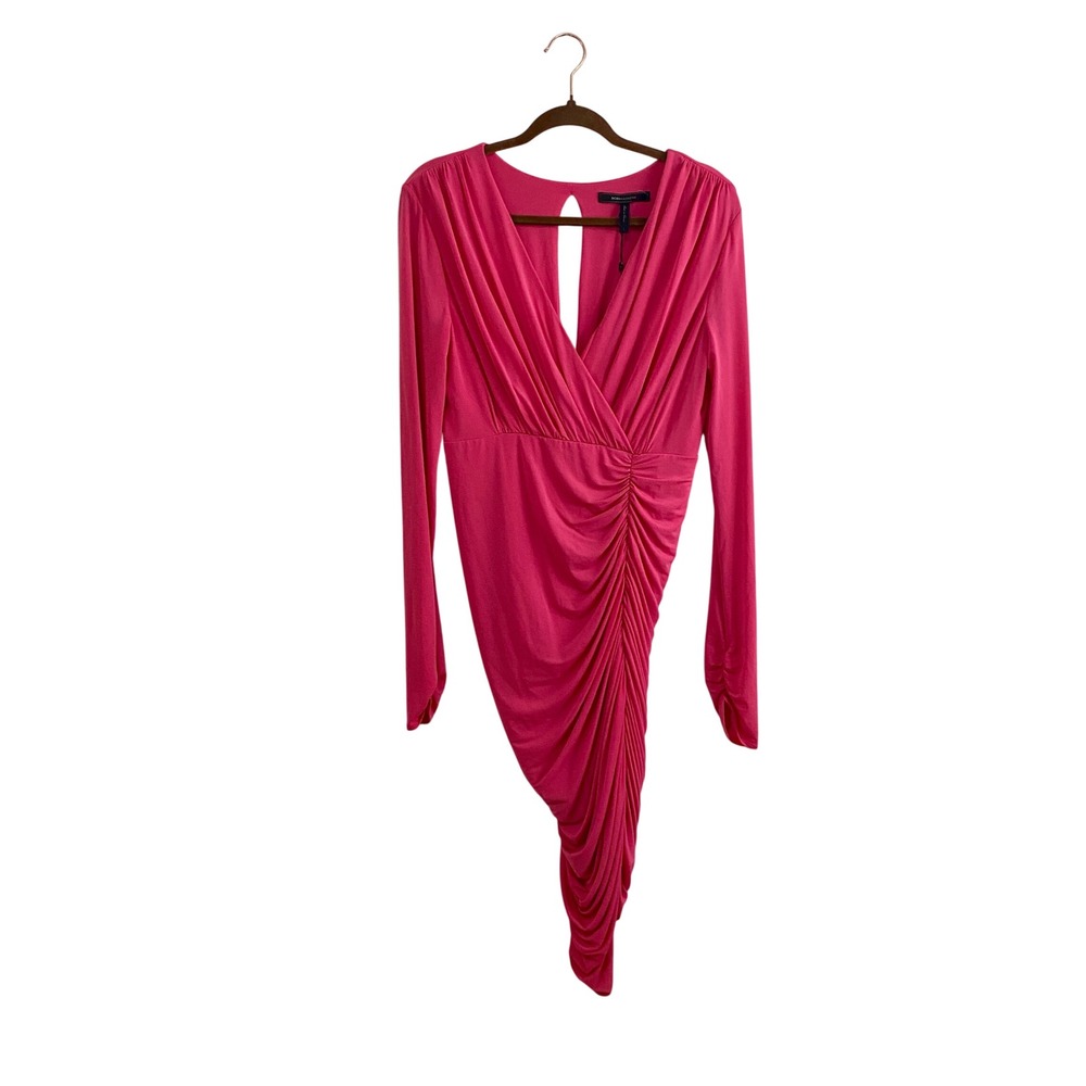 NWT BCBGMAXAZRIA Dalton Ruched Asymmetrical Dress Begonia Pink Size L $238